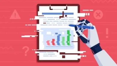 Robot hand analyzes a bar graph on a clipboard against a red background.