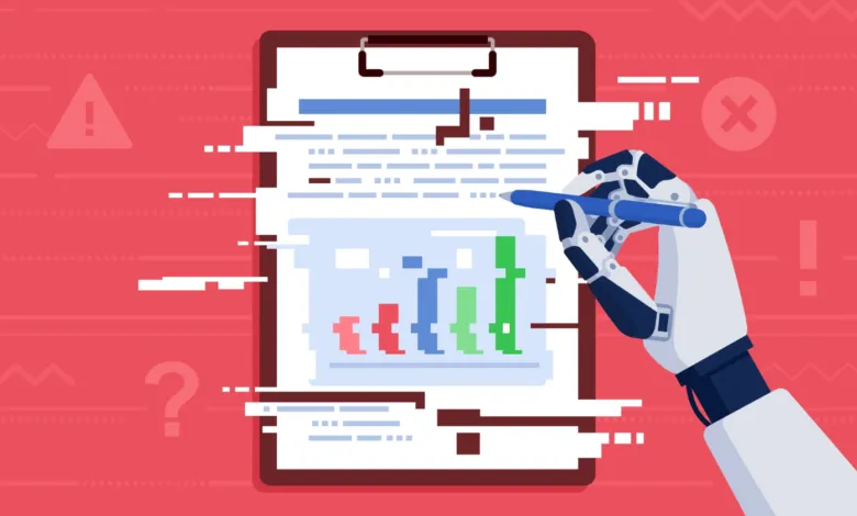 Robot hand analyzes a bar graph on a clipboard against a red background.
