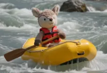 Stuffed deer toy in a yellow raft on a rushing river.