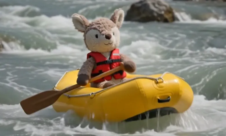 Stuffed deer toy in a yellow raft on a rushing river.