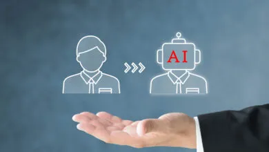 Human to AI transformation concept with hand offering support.