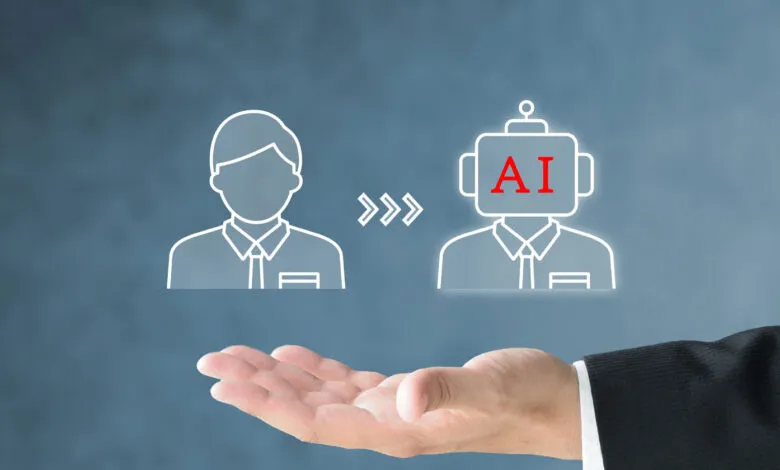 Human to AI transformation concept with hand offering support.