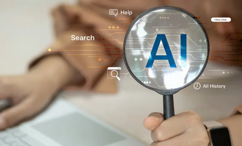 Magnifying glass over AI text, person types on laptop, search concept.