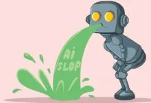 Cartoon robot vomiting green 'AI Slop' on a pink background.