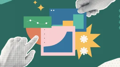 Abstract design with hands interacting with data charts and geometric shapes.