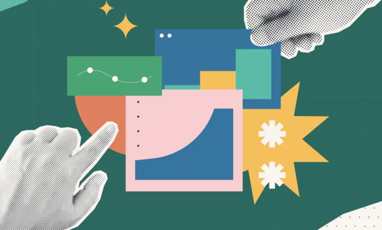 Abstract design with hands interacting with data charts and geometric shapes.