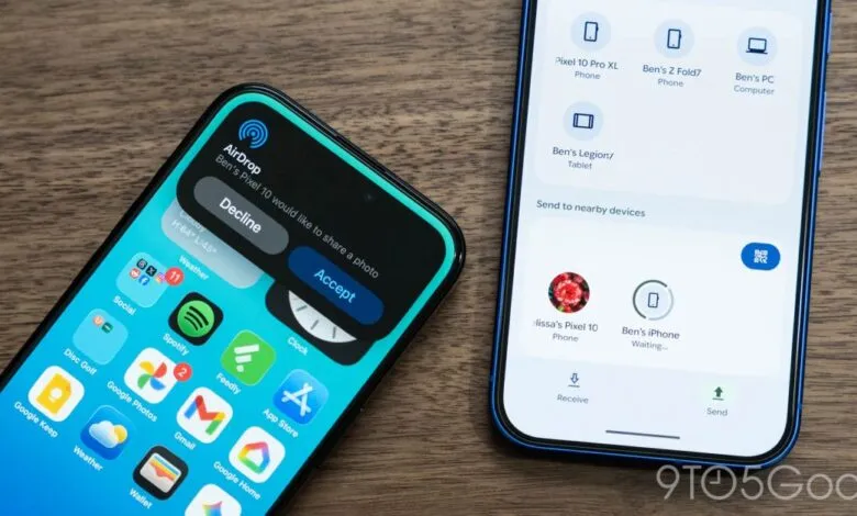 Two phones showing file sharing options: AirDrop on iPhone and Quick Share on Android.