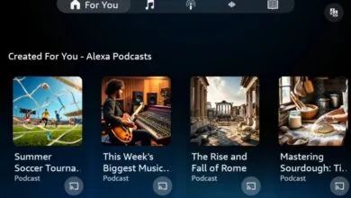 Alexa Podcasts screen showing soccer, music, Rome, and sourdough topics.