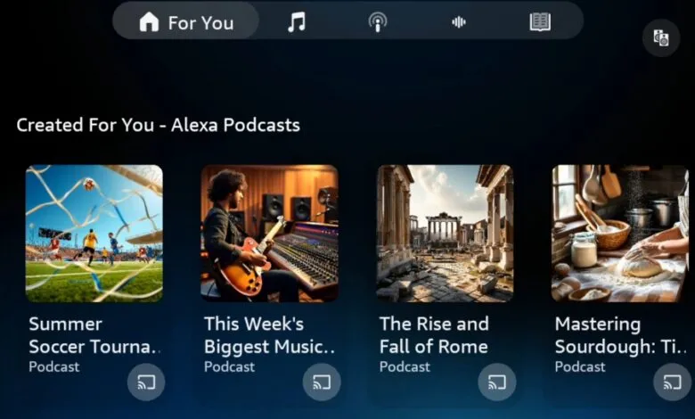 Alexa Podcasts screen showing soccer, music, Rome, and sourdough topics.