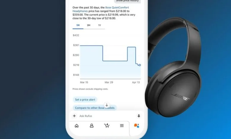 Amazon price tracker app showing Bose headphones price history.