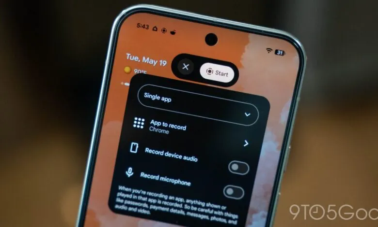 Android phone screen showing screen recording settings and options.