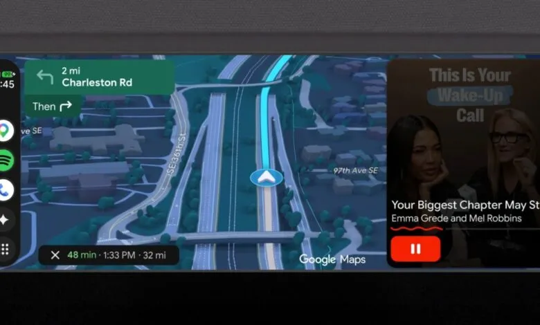 Android Auto display showing Google Maps navigation and podcast playback.