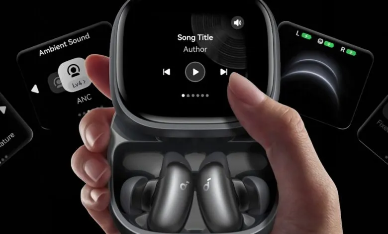 Hand holding Anker Liberty 4 NC earbuds case with touch screen interface.