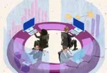Four business people working at computers, surrounded by charts.