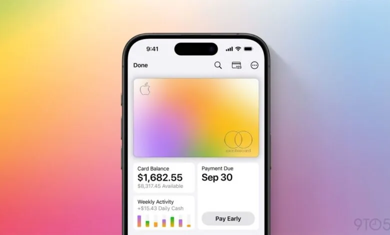 Apple Card interface displayed on an iPhone screen showing balance and payment details.