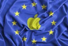 European Union flag with Apple logo replacing central stars.