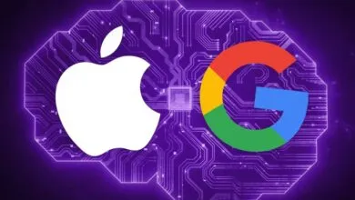 Apple and Google logos overlaid on a purple circuit board brain.