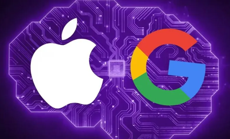 Apple and Google logos overlaid on a purple circuit board brain.