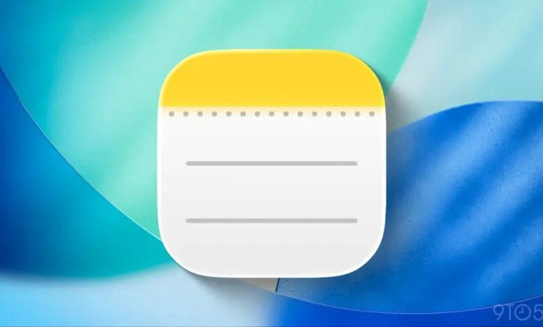 Apple Notes app icon on a blue and teal abstract background.