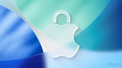 Apple logo shaped like a padlock, symbolizing security, on a colorful background.