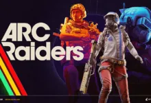 Arc Raiders game promotional art featuring two characters in futuristic gear.