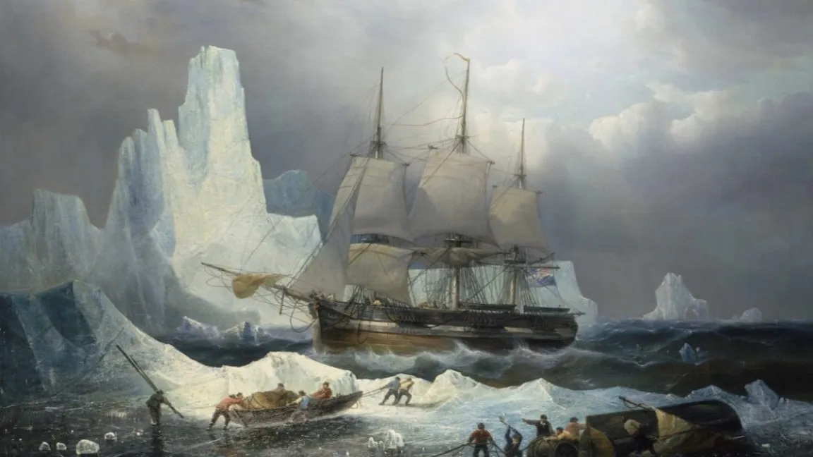Tall ship navigating icy Arctic waters with crew in small boats.