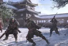 Samurai warriors clash in a snowy Japanese setting, swords drawn.