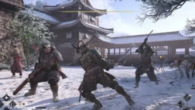 Samurai warriors clash in a snowy Japanese setting, swords drawn.