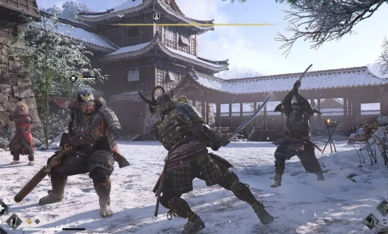 Samurai warriors clash in a snowy Japanese setting, swords drawn.