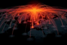 Global map with red lines converging, representing cyber attack or network connections.