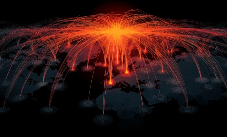 Global map with red lines converging, representing cyber attack or network connections.