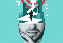 Conceptual image of a man walking a path from a head to a target.