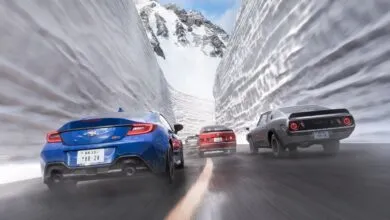 Four cars speed through a snowy mountain pass, creating a sense of motion.