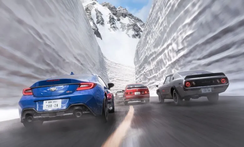 Four cars speed through a snowy mountain pass, creating a sense of motion.