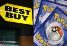 Split image: Best Buy store sign and close-up of Pokemon card backs.