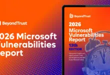 BeyondTrust 2026 Microsoft Vulnerabilities Report cover on a tablet.