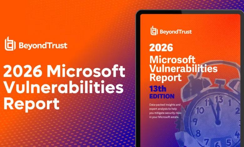 BeyondTrust 2026 Microsoft Vulnerabilities Report cover on a tablet.