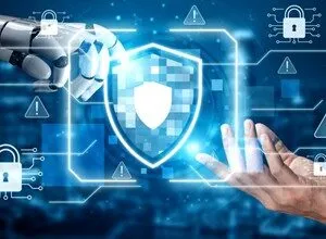 Robot and human hands interact with a digital shield, representing cybersecurity.