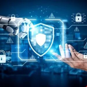 Robot and human hands interact with a digital shield, representing cybersecurity.