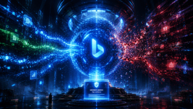 Futuristic Bing logo with data streams and 'Grounded Answer' display.