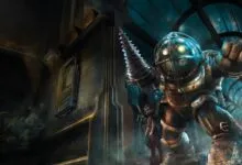 Big Daddy and Little Sister from BioShock stand in a flooded corridor.