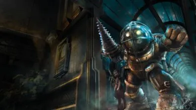 Big Daddy and Little Sister from BioShock stand in a flooded corridor.