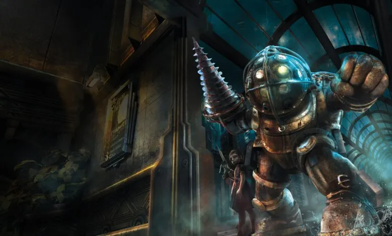 Big Daddy and Little Sister from BioShock stand in a flooded corridor.