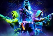 Three futuristic figures in hooded outfits holding weapons.