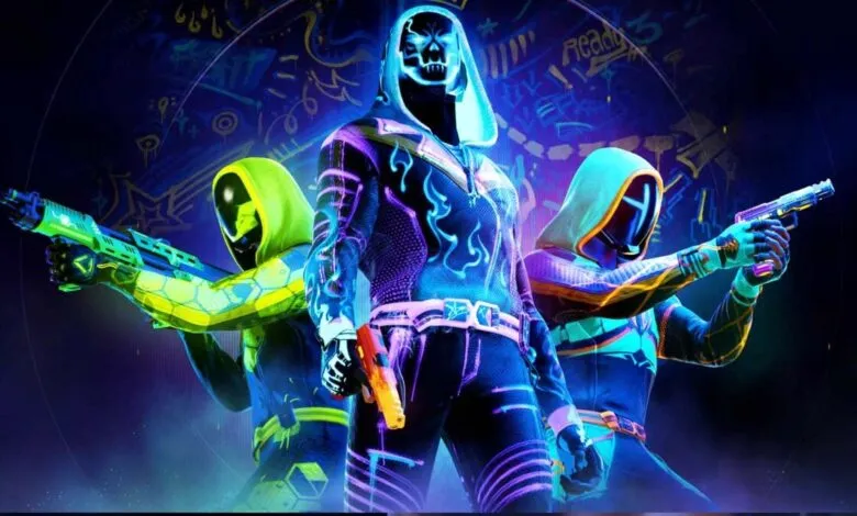 Three futuristic figures in hooded outfits holding weapons.