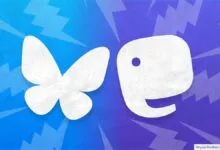 Bluesky butterfly logo and Mastodon elephant logo on a blue background.