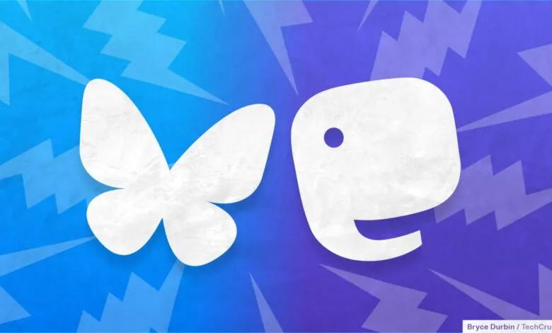 Bluesky butterfly logo and Mastodon elephant logo on a blue background.