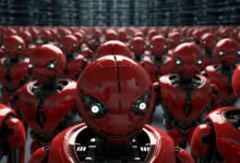 Rows of red robots with glowing eyes, futuristic and uniform.