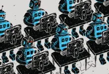 Illustration of blue robots working at computers in a repetitive pattern.