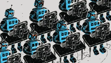 Illustration of blue robots working at computers in a repetitive pattern.